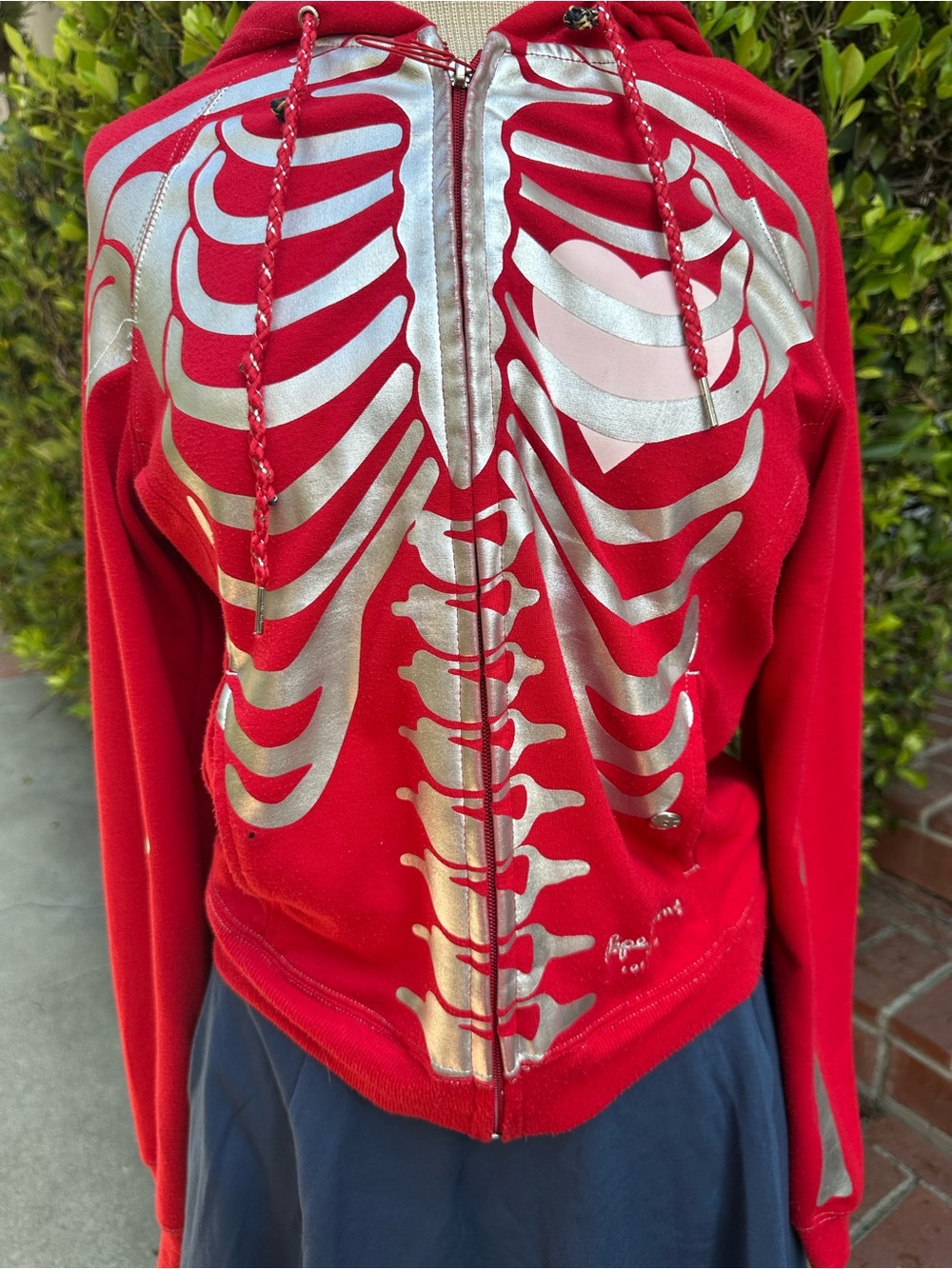 Y2K Vintage Pepe Jeans Red Bomber Jacket with Metallic Silver Skeleton hoodie